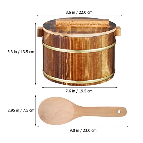  Wooden Rice Barrel Sushi Rice Bowl Tub Steamer Stainless Steel Liner Rice Bucket, Wood Cooking Steamer With Lid And Spoon, 20cm