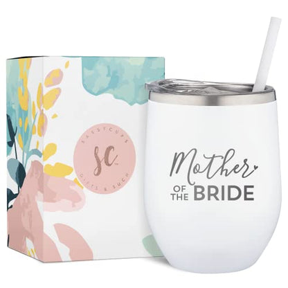  Mother Of The Bride Engraved Stainless Steel Tumbler Cup With Lid And Straw - Gift For Mom - Bride, Bridal Shower, Wedding, Engagement Party - Mom's Travel Tumbler - Travel Mug For Bride's Mom