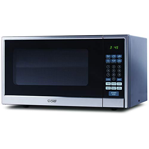  Hef Countertop Microwave, 1.1 Cubic Feet, Black With Stainless Steel Trim