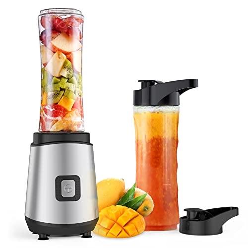  Kakaroof Smoothie Blender Personal Size For Shakes And Smoothies, 300 Watt Single Serve Small Blender With Two 20oz BPA-Free Travel Sport Bottles Silver