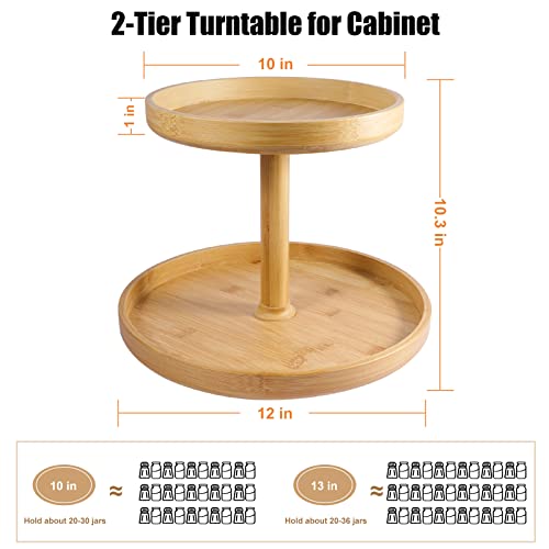  2 Tier Bamboo Lazy Susan Organizer For Kitchen,Turntable For Cabinet,Turntable Organizer For Cabinet Pantry Table Organization