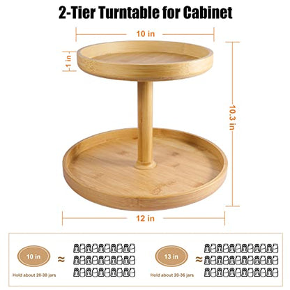  2 Tier Bamboo Lazy Susan Organizer For Kitchen,Turntable For Cabinet,Turntable Organizer For Cabinet Pantry Table Organization