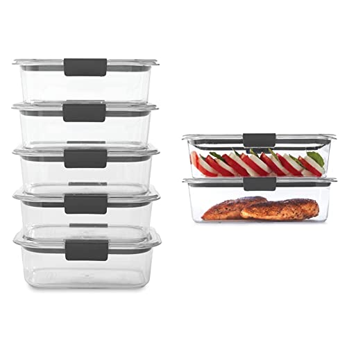 Rubbermaid Leak-Proof Brilliance Food Storage Set | 9.6 Cup Plastic Containers With Lids, 2-Pack, Clear & Brilliance Food Storage Container, BPA Free Plastic, Medium, 3.2 Cup, 5 Pack, Clear