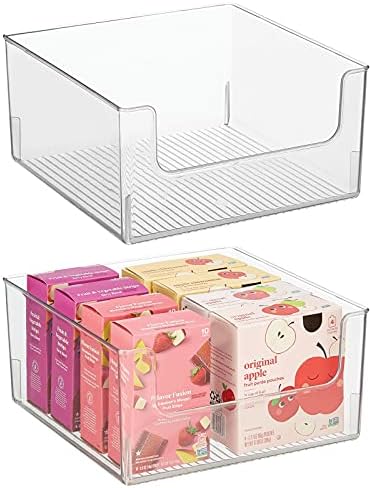  Modern Wide Plastic Open Front Dip Storage Organizer Bin Basket For Kitchen Organization - Shelf, Cupboard, Cabinet, And Pantry Organizing Decor - Ligne Collection - 2 Pack - Clear