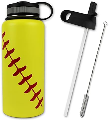  Water Bottle Baseball Softball Tumbler 32 Oz Gift For Mom Men Flask Sports Travel Waterbottle, Stainless Steel, Vacuum Insulated, Water Cold For 24, Hot For 12 Hours