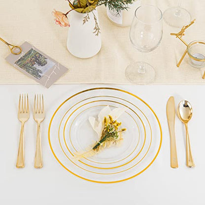  I00000 96 Pcs Plastic Gold Plates, Gold Disposable Plates Includes: 48 Dinner Plates 10.25" And 48 Dessert Plates 7.5 ", Premium Clear Plate Prefect For Wedding, Clear Gold Plates And Salad For Party