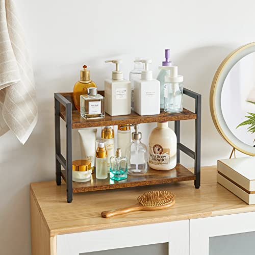  IBUYKE 2-Tier Spice Rack Industrial Counter Shelf Desktop Storage Organizer Standing Seasoning Rack For Countertop Kitchen Office Living Room Desktop Rustic Brown UTLJ002H