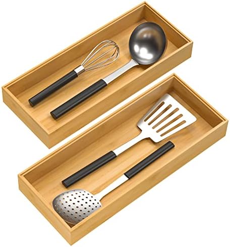  Bamboo Drawer Organizer, Stackable Utensil Organizer For Kitchen, Bamboo Storage Box Wood Silverware Tray For Drawer 15" X 6" X 2" Set Of 2