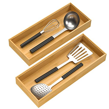  Bamboo Drawer Organizer, Stackable Utensil Organizer For Kitchen, Bamboo Storage Box Wood Silverware Tray For Drawer 15" X 6" X 2" Set Of 2