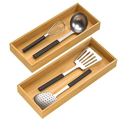  Bamboo Drawer Organizer, Stackable Utensil Organizer For Kitchen, Bamboo Storage Box Wood Silverware Tray For Drawer 15" X 6" X 2" Set Of 2