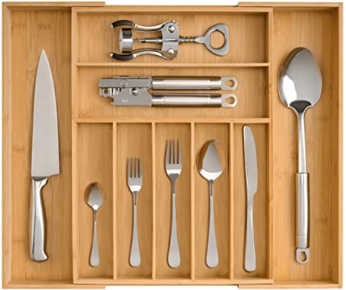 Kitchen Drawer Organizer, Heavy Duty Reinforced Silverware Organizer Tray, Expandable Bamboo Utensil Holder For Flatware, Cutlery, Knives - Kitchen Organization And Storage