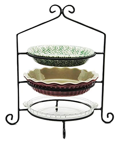  3 Tier Pie Plate Stand - Solid Satin Black Wrought Iron Triple Rack Display Amish Handmade In USA