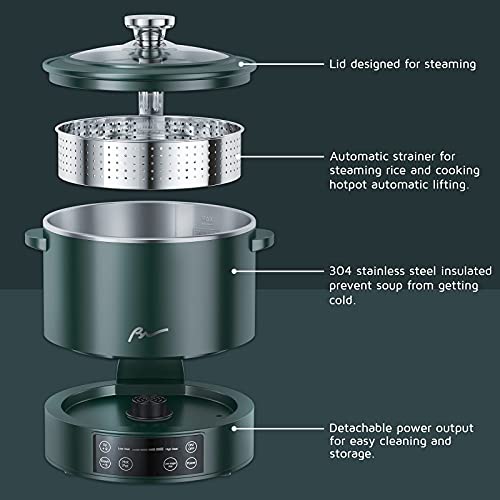  Long Lasting 3L Premium Smart Lifting Electric Hot Pot Electric Shabu Shabu 800W Food Grade Stainless Steel, Low Sugar Cooker Steamer / 3L For Rice Shabu Shabu Noodles Soup Ramen Measuring Cup, Steaming Basket (Green)
