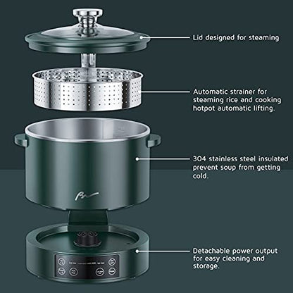  Long Lasting 3L Premium Smart Lifting Electric Hot Pot Electric Shabu Shabu 800W Food Grade Stainless Steel, Low Sugar Cooker Steamer / 3L For Rice Shabu Shabu Noodles Soup Ramen Measuring Cup, Steaming Basket (Green)