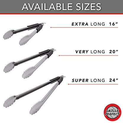  Tongs Super Long 24-inch Heavy Duty For BBQ And Grilling | Extra Long Stainless Steel Grilling Tongs For Outdoor Grill And Kitchen Cooking | Long Metal Tongs With Safety Hand Grips