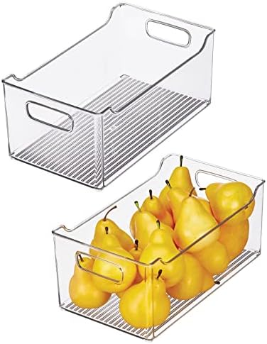  Slim Stackable Plastic Storage Organization Bin With Handles For Kitchen Cabinet, Pantry, Shelf, Refrigerator, Home Organizer For Fruit, Potatoes, Onions, Drinks, Snacks, Pasta, 2 Pack, Clear