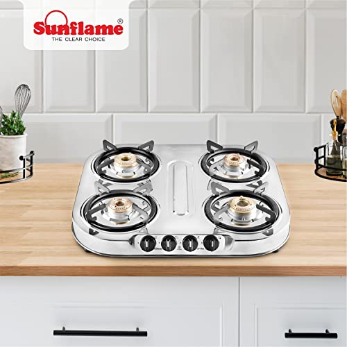  Sunflame 4 Burner Gas Stove With 2 Year Warranty, Stainless Steel Body, Manual Ignition, 4 Brass Burners (GT 4B OPTRA) Silver