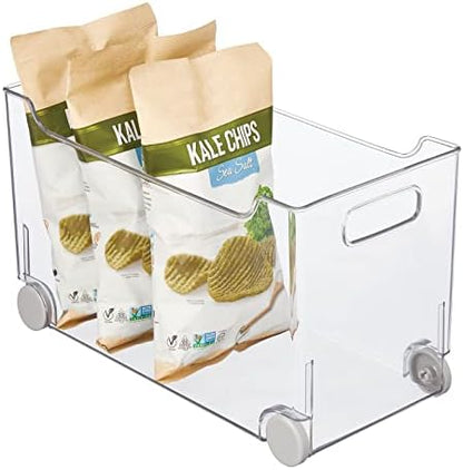  Plastic Storage Container Bin Box With Rolling Wheels And Handle For Kitchen Organization - Pantry, Cupboard, Cabinet Shelves, Or Under Sink - Lumiere Collection - Clear/Gray