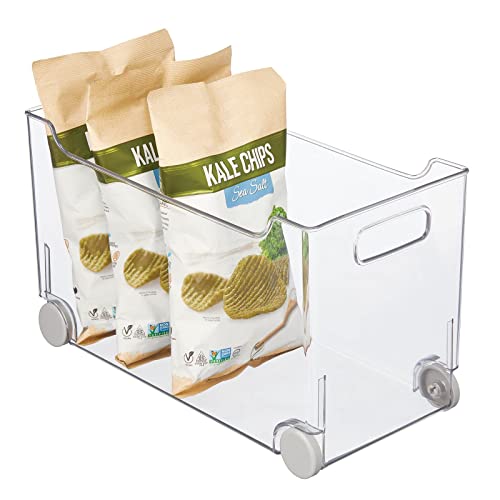  Plastic Storage Container Bin Box With Rolling Wheels And Handle For Kitchen Organization - Pantry, Cupboard, Cabinet Shelves, Or Under Sink - Lumiere Collection - Clear/Gray