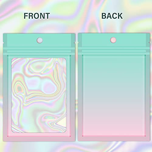  100 Pieces Resealable Mylar Ziplock Bags, Holographic Gradient Bags With Clear Window, Packaging Pouch Party Bags Sample Bags (Green&Pink, 3.5x4.7 Inch)