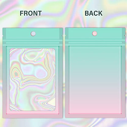  100 Pieces Resealable Mylar Ziplock Bags, Holographic Gradient Bags With Clear Window, Packaging Pouch Party Bags Sample Bags (Green&Pink, 3.5x4.7 Inch)
