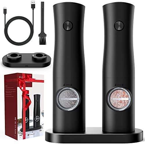  Electric Salt And Pepper Grinder Set Rechargeable Automatic Black Salt & Pepper Mill 2 Pcs With Charging Base, Type-C USB Cables, LED Lights, Adjustable Coarseness, One Hand Operation