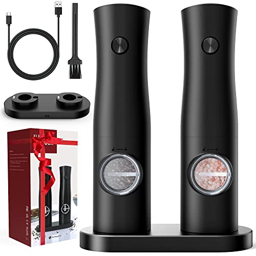  Electric Salt And Pepper Grinder Set Rechargeable Automatic Black Salt & Pepper Mill 2 Pcs With Charging Base, Type-C USB Cables, LED Lights, Adjustable Coarseness, One Hand Operation