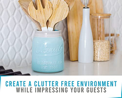  Wide Mouth Mason Jar Utensil Holder Decorative Kitchenware Organizer Crock, Chip Resistant Ceramic, Dishwasher Safe - Kitchen Caddy Aqua Blue For Countertop, Large Size 7" High