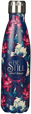 Stainless Steel Double Wall Vacuum Insulated Laser Engraved Water Bottle: Be Still & Know - Ps. 46:10 Inspirational Bible Verse For Hot & Cold Beverages, White/Pink Floral, 17 Oz.