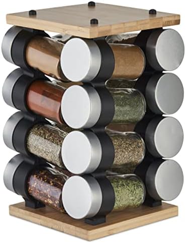  Cole & Mason 16 Herb & Spice Carousel - Rotating Spice Rack - Metal Two-Tier Organizer - Lazy Susan Style - Stainless Steel/Black, 10 Inch