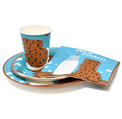  Milk And Cookies Party Supplies Tableware Set 24 9" Plates 24 7" Dessert Plate 24 9 Oz. Cups 50 Lunch Napkins For Chocolate Chip Cookie & Milk Drink Happy Birthday Disposable Paper Goods Decorations