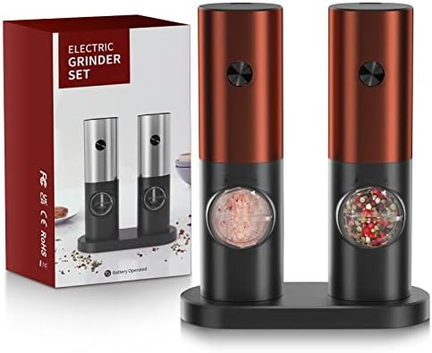  Lectric Salt And Pepper Grinder Set, EAGMAK Battery Powered Automatic 70ml Pepper Mill Grinders, Stainless Steel Electronic Mill Shakers With Adjustable Coarseness, LED Light & Storage Base (2 Pack)