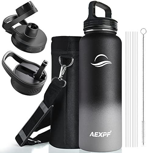  40 Oz Insulated Water Bottle, Stainless Steel Vacuum Sports Water Bottle With 3 Lids, Durable Leakproof Metal Thermos, BPA-free Water Flask Jug With Strap For Gym Camping, Indigo Black Gradient