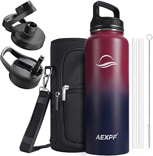  40 Oz Insulated Water Bottle, Stainless Steel Vacuum Sports Water Bottle With 3 Lids, Durable Leakproof Metal Thermos, BPA-free Water Flask Jug With Strap For Gym Camping, Indigo Black Gradient