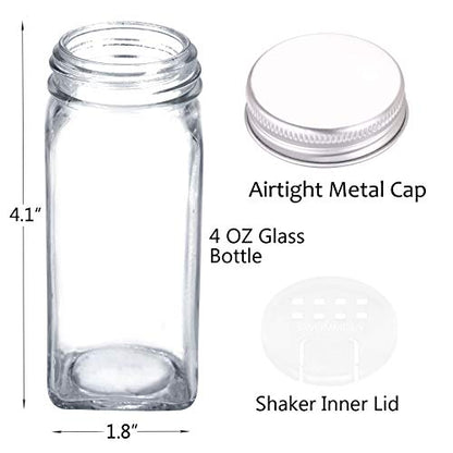  36 Glass Spice Jars With 806 White Spice Labels, Chalk Marker And Funnel Complete Set. Square Bottles 4 Oz Empty Spice Containers, Airtight Cap, Pour/sift Shaker Lid