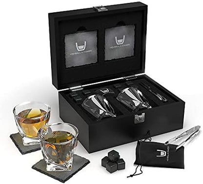  Whiskey Stones Gift Set For Men, Guys, Husband, Fathers Set Of 2 10oz Whiskey Rocks Glasses, 8 Granite Chilling Rocks, 2 Slate Coasters, Stylish Durable Black Wooden Gift Box (Sword Glass)
