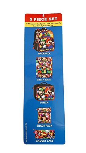  Super Mario 5-Piece Backpack Set With Lunch Box, Gadget Case, Cinch Sack & Snack Pack