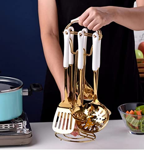  Stainless Steel Kitchenware Seven Pieces Set (White Gold).Cooking Utensils 7 Pcs Set With Hanging Shelf .Include Slotted Spoon, Slotted Spatula, Large Spoon, Soup Ladle, Spatula, Pasta Spoon.
