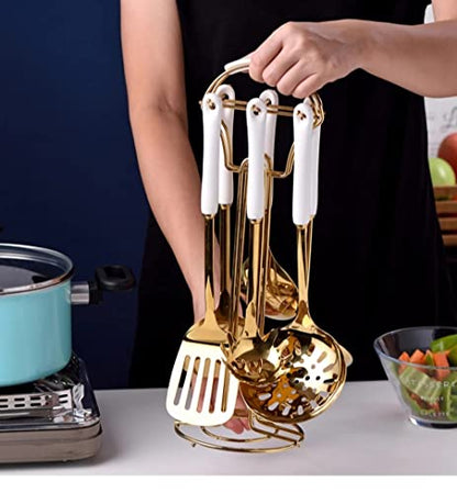  Stainless Steel Kitchenware Seven Pieces Set (White Gold).Cooking Utensils 7 Pcs Set With Hanging Shelf .Include Slotted Spoon, Slotted Spatula, Large Spoon, Soup Ladle, Spatula, Pasta Spoon.