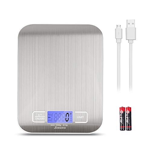  Digital Kitchen Scale Food Scale,USB Kitchen Scale,Food Scale 0.04oz/1g Increment,11 Lb/5 Kg,Backlit LCD Display Function(Batteries Included AAAX2) Silver