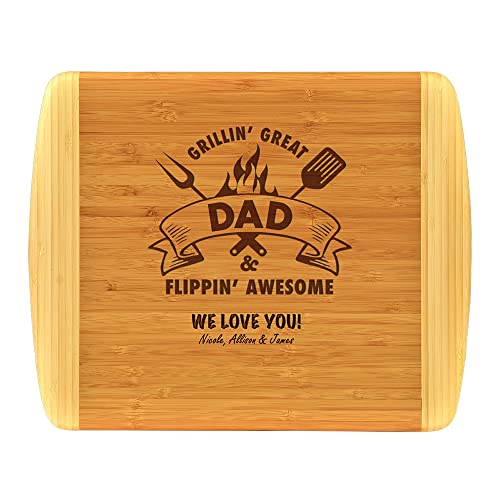  Dad Gift – PERSONALIZED Bamboo Cutting Board Custom Engraved Grillin Great Flippin Awesome Fathers Day Birthday Christmas Gift For Daddy Best Dad Ever Poppop Pops Gifts From Kids Children (11.5x13.5)