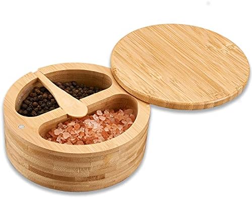  Salt Cellar, Bamboo Salt Box, Salt Container With Spoon, Salt Holder With Lid, Salt Shaker, Cumin And Pepper Bowl With Magnetic Swivel Lid (1 Box With Engraved Salt)… (2 PCS)
