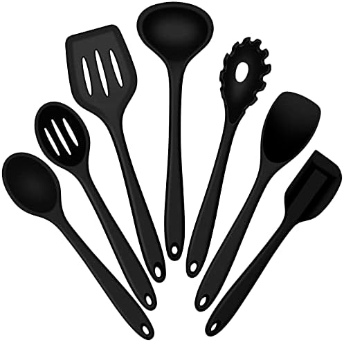  Silicone Cooking Utensils Set, E-far 7-Piece Black Heat Resistant Kitchen Utensils Set, Kitchen Nonstick Tools Spatula Ladle Spoon Pasta Server For Non-stick Cookware, Non-Toxic & Dishwasher Safe