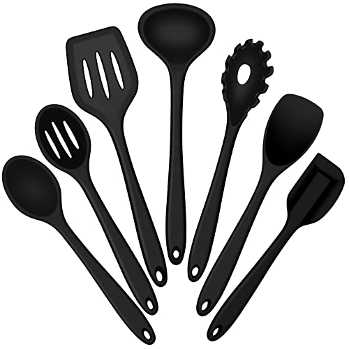  Silicone Cooking Utensils Set, E-far 7-Piece Black Heat Resistant Kitchen Utensils Set, Kitchen Nonstick Tools Spatula Ladle Spoon Pasta Server For Non-stick Cookware, Non-Toxic & Dishwasher Safe