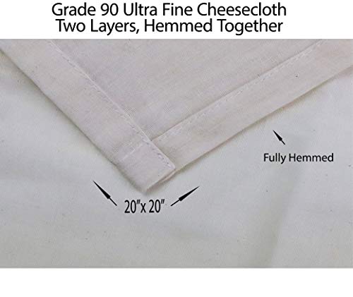  Annie's Kitchen Cheesecloth, 20x20 Inch, Grade 90 100% Unbleached Pure Cotton Muslin Cloth For Straining, Ultra Fine Reusable Hemmed Edge Double Layer Cheese Cloth Fabric For Jams, Cold Brew Coffee