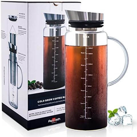  Cold Brew Coffee Iced Tea Maker & Fruit Pitcher - Large Capacity 68 Ounces - With Durable Glass Carafe/Fine Mesh Steel Infuser/Airtight Lid