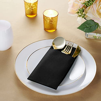  Disposable Linen-Feel Dinner Napkins With Built-in Flatware Pocket, 50-Pack BLACK Prefolded Cloth Like Paper Napkins For Dinner, Wedding Or Party