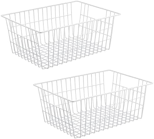  Metal Wire Baskets For Organizing 2 Pack, Household Pantry Storage Freezer Organizer Bins With Handles, Freezer Baskets For Upright Freezer, Refrigerators, Kitchen Cabinets, Laundry, White