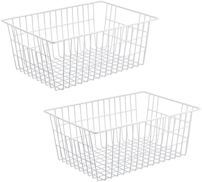  Metal Wire Baskets For Organizing 2 Pack, Household Pantry Storage Freezer Organizer Bins With Handles, Freezer Baskets For Upright Freezer, Refrigerators, Kitchen Cabinets, Laundry, White