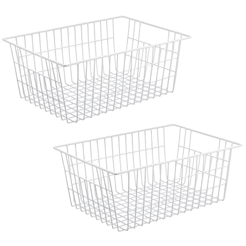  Metal Wire Baskets For Organizing 2 Pack, Household Pantry Storage Freezer Organizer Bins With Handles, Freezer Baskets For Upright Freezer, Refrigerators, Kitchen Cabinets, Laundry, White